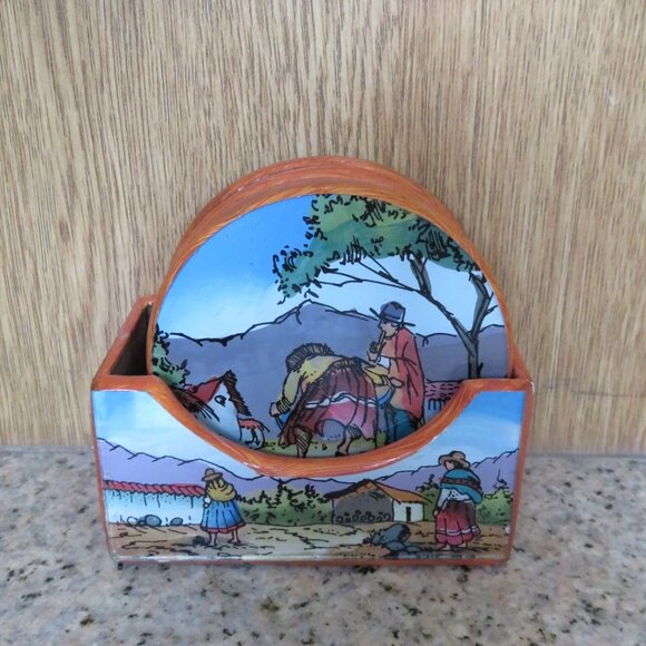 Set 6 Peruvian Coasters Wood Handpainted Vintage (K711) - Picture 1 of 8